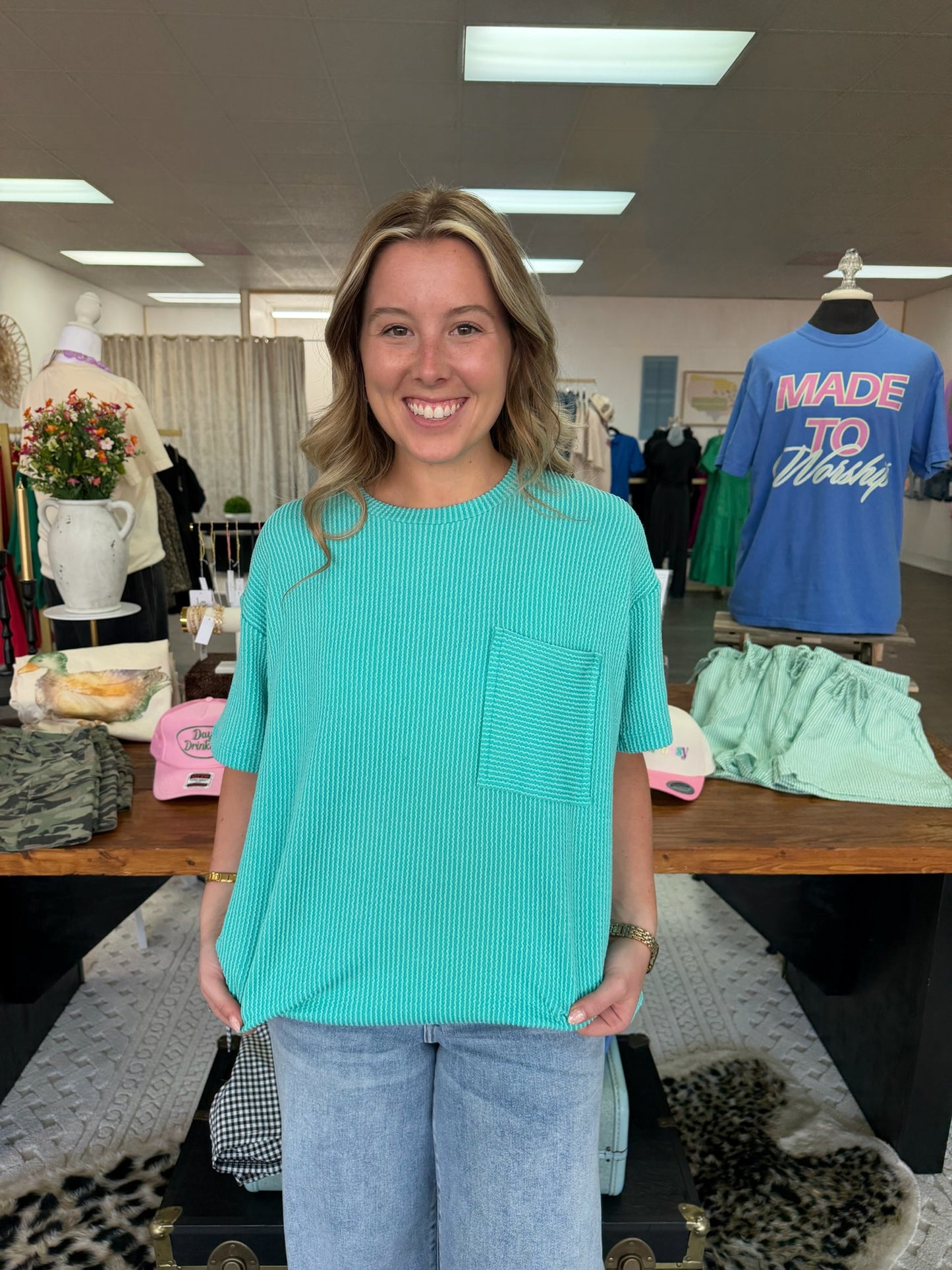 Ribbed Front Pocket Top- Turquoise