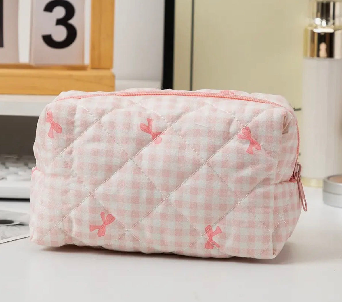 Quilted Checker Pink Cosmetic Bag