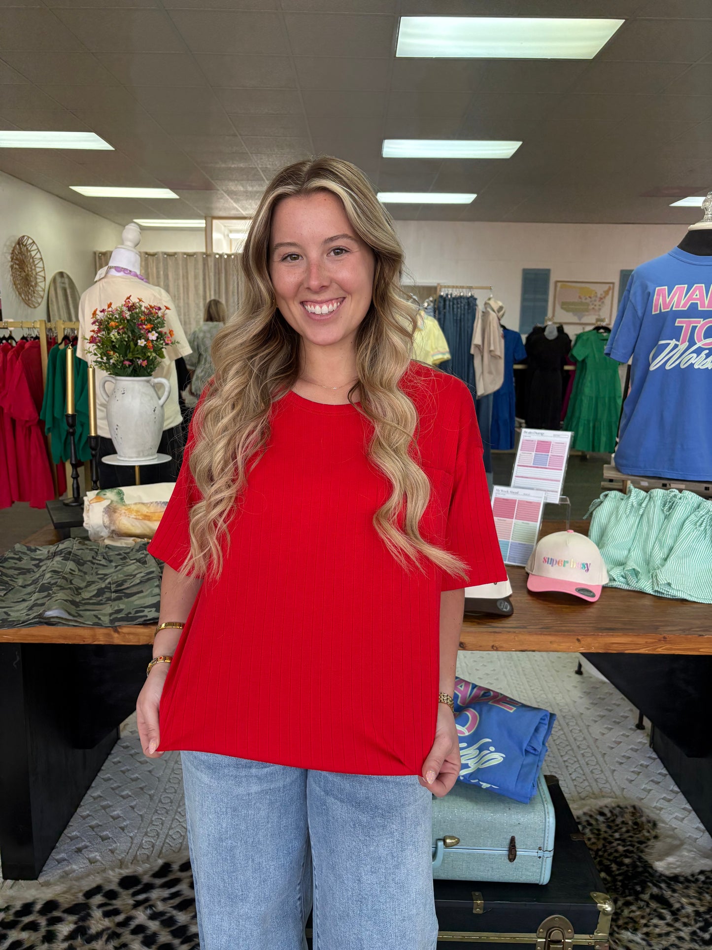 Boyfriend Ribbed Knit Top- Red