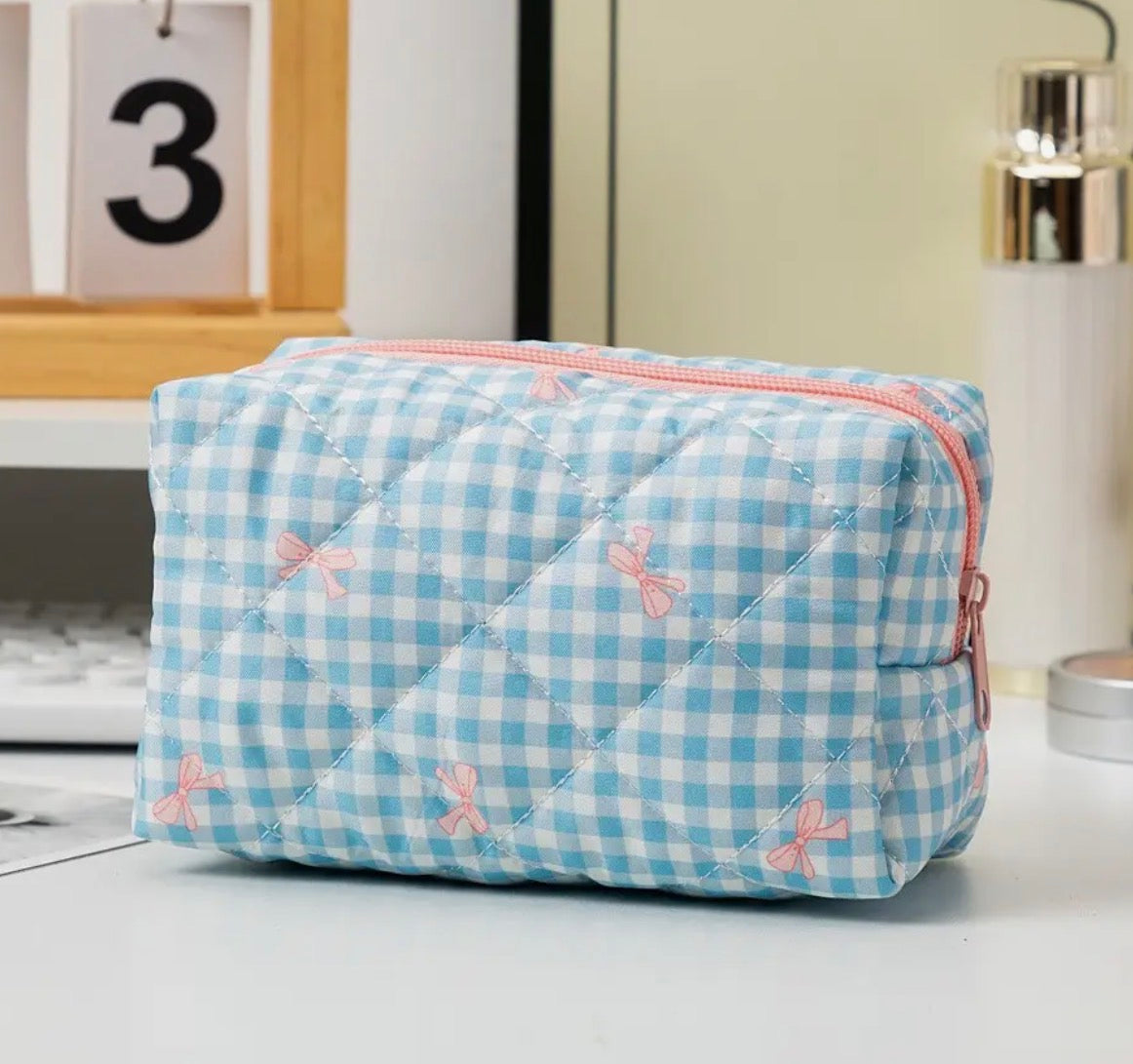 Quilted Checker Blue Cosmetic Bag