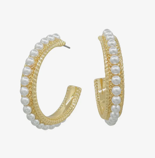 1" Gold Hoop With Pearl Accent Earrings