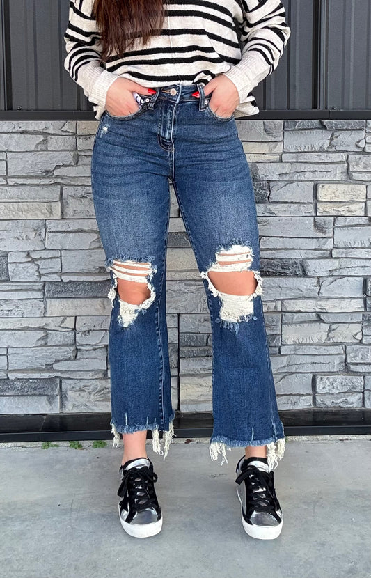 Distressed Knee Cropped Denim (Dark)