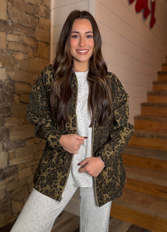 Oversized Leopard Printed Jacket (Olive)