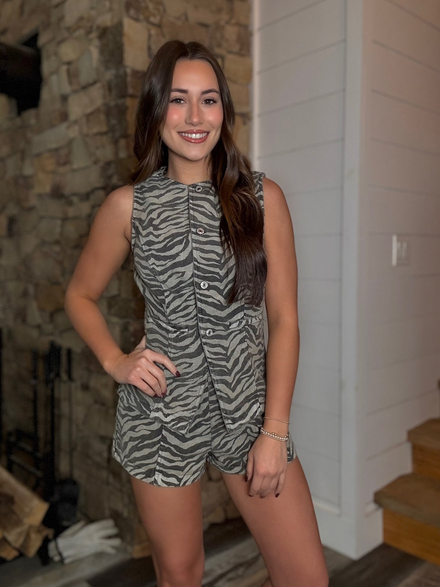 Zebra Denim Vest and Shorts Set