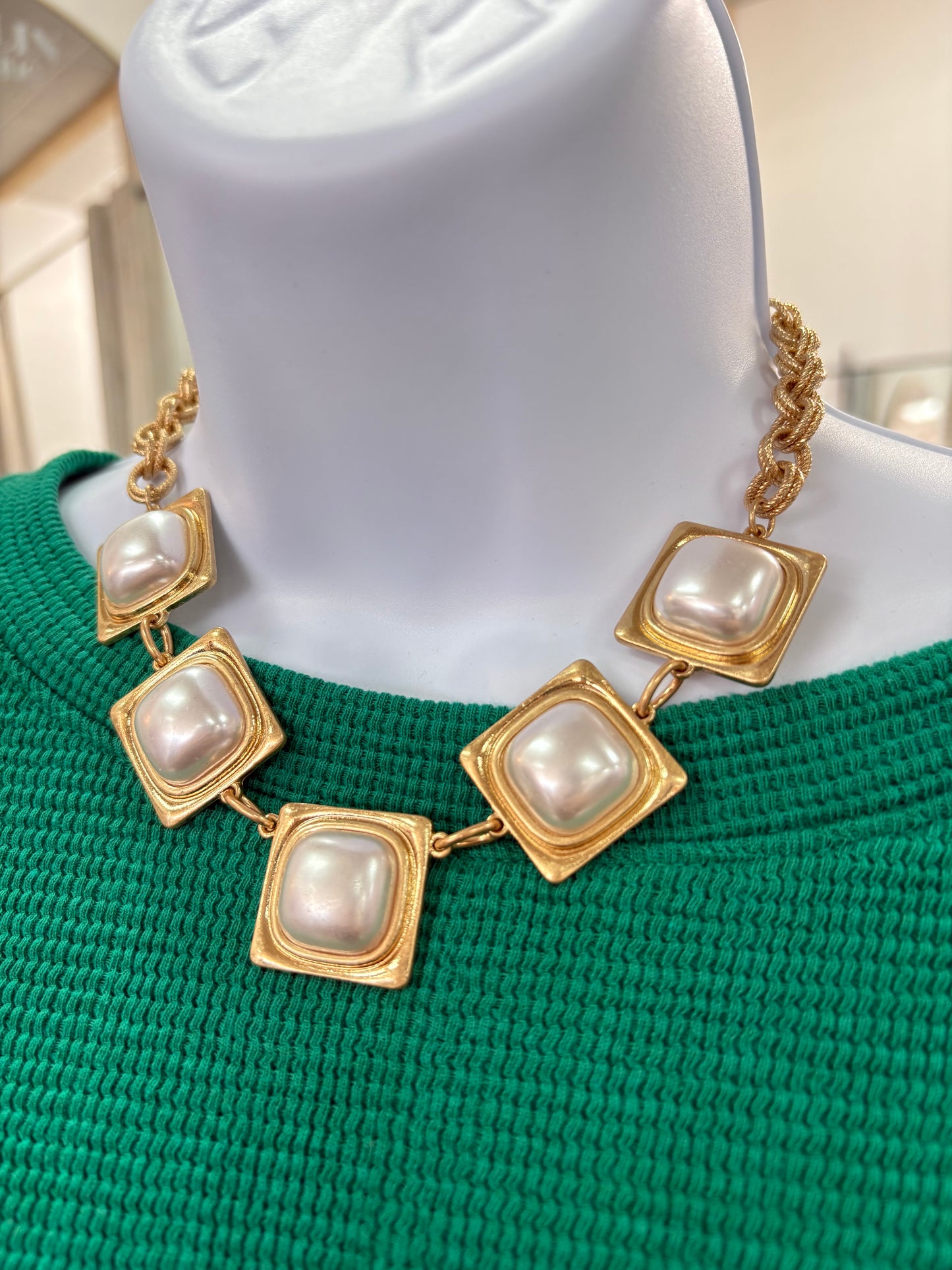 Gold Chain with Gold Squares and Pearl Accents Necklace