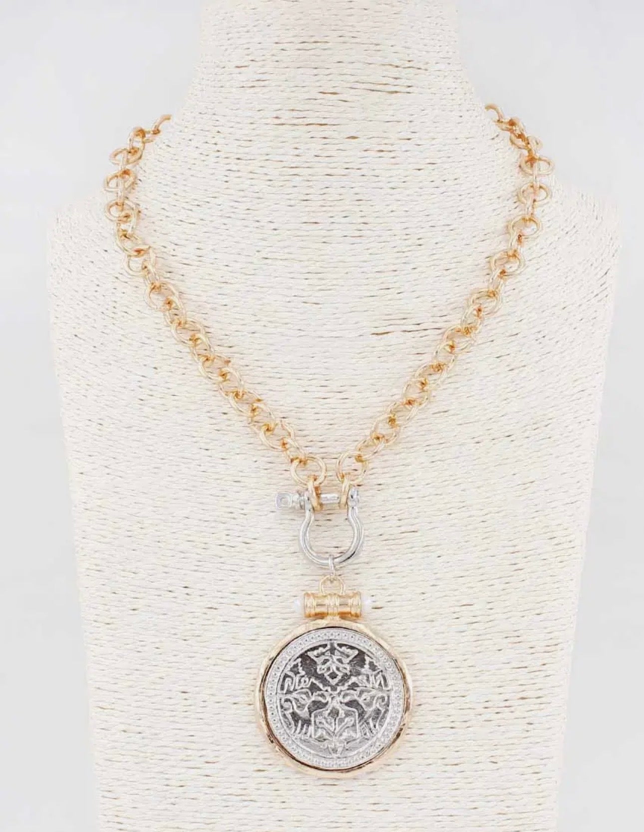 Gold Chain with Open Circle and Large Silver Coin Charm Necklace