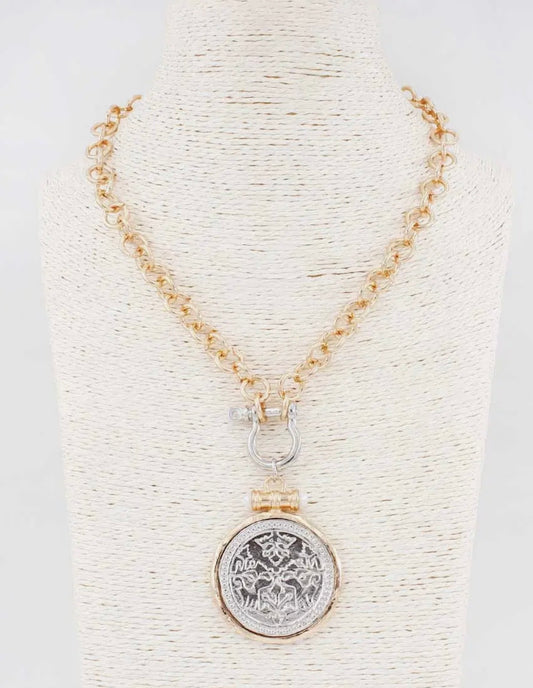 Gold Chain with Open Circle and Large Silver Coin Charm Necklace