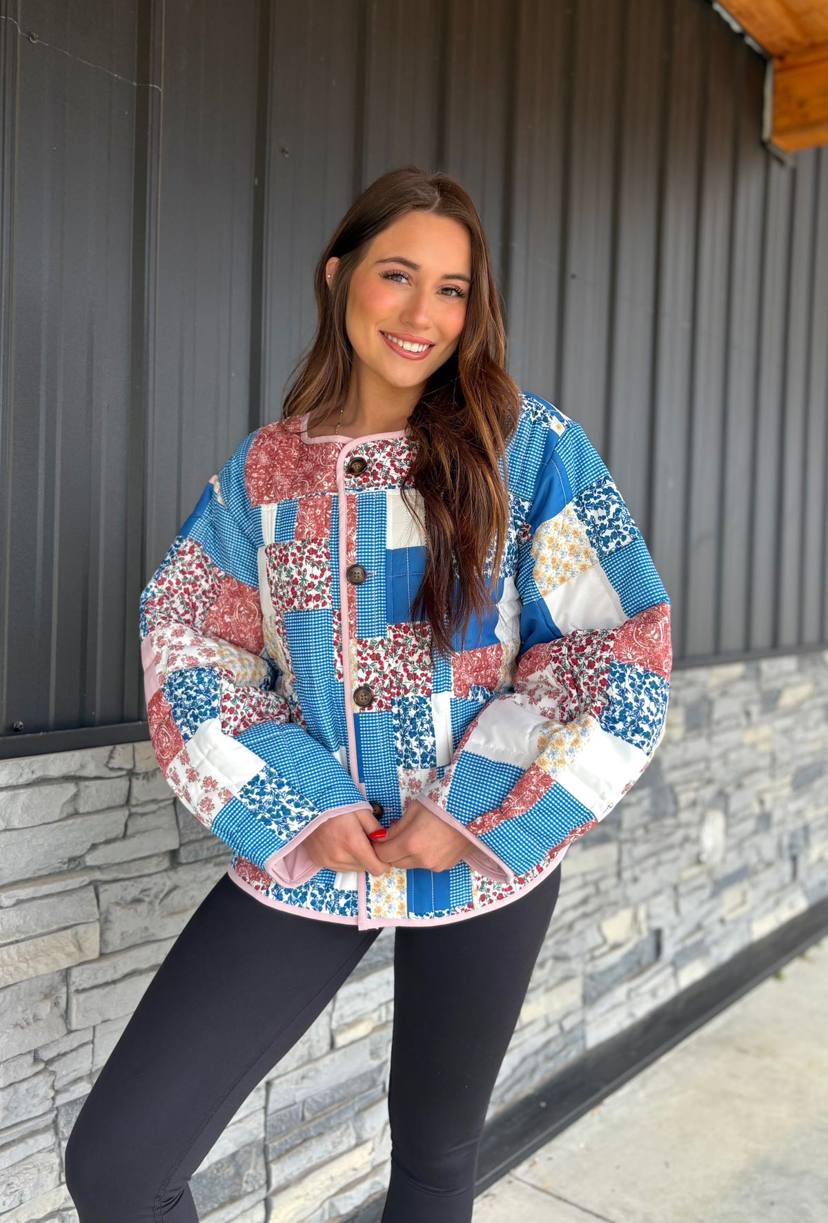 Patchwork Balloon Sleeve Quilted Jacket