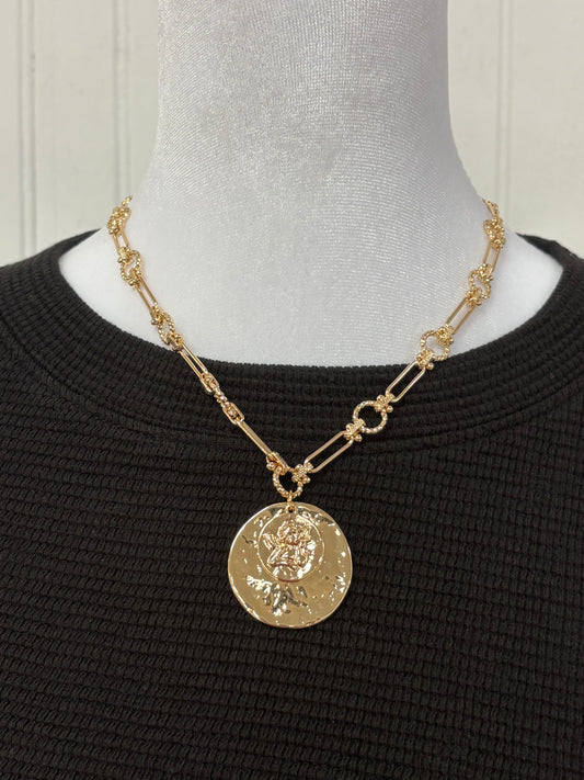 Gold Open Chain With Hammered Circle Necklace