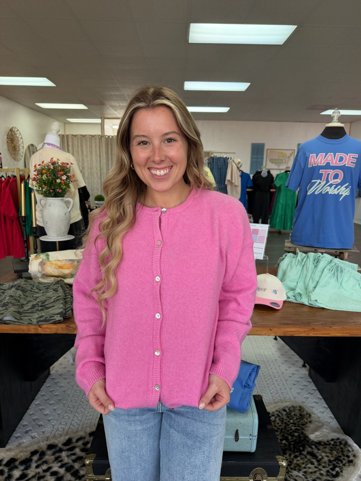 Long Sleeve Sweater Cardigan (Pink)