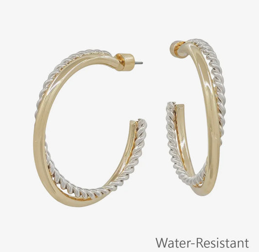 Water Resistant 2" Braided Gold and Silver Hoop Twist Earring