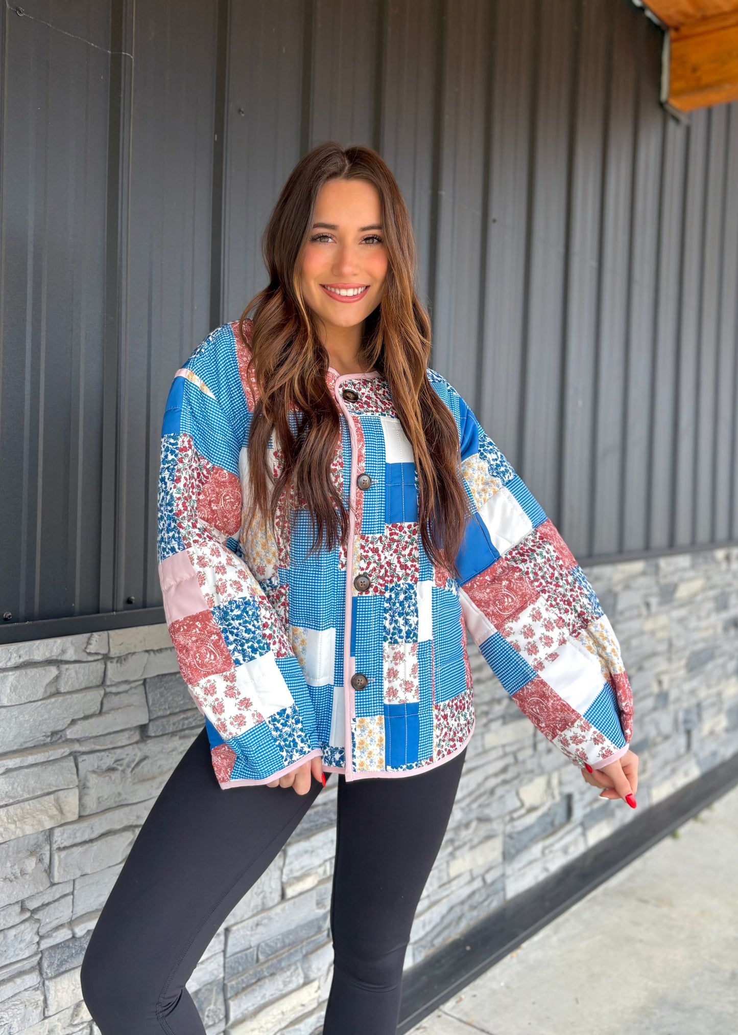 Patchwork Balloon Sleeve Quilted Jacket