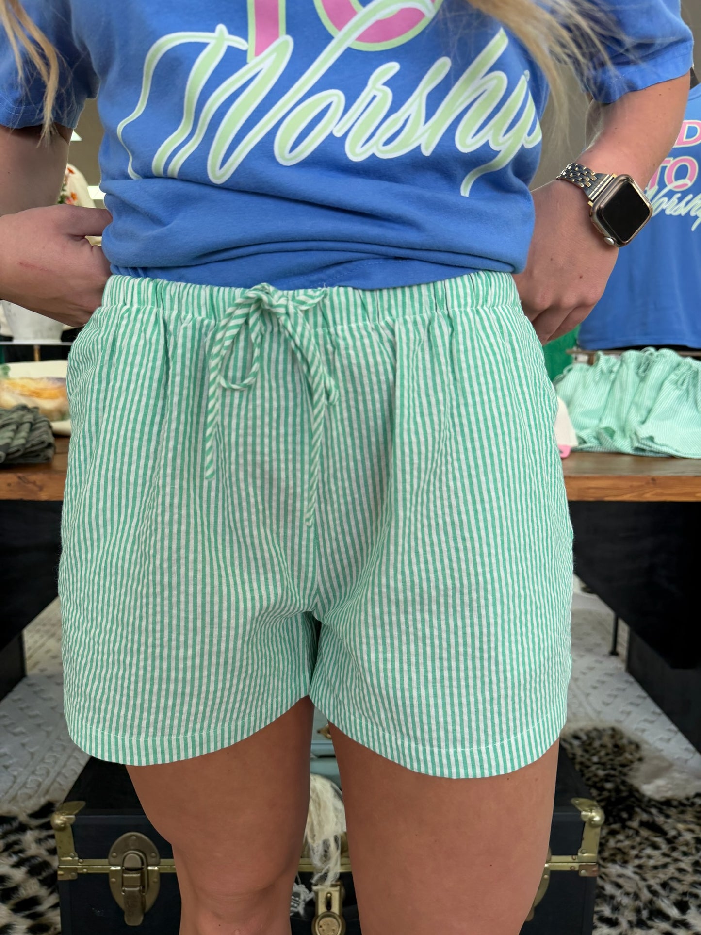 Striped Drawstring Shorts- Green