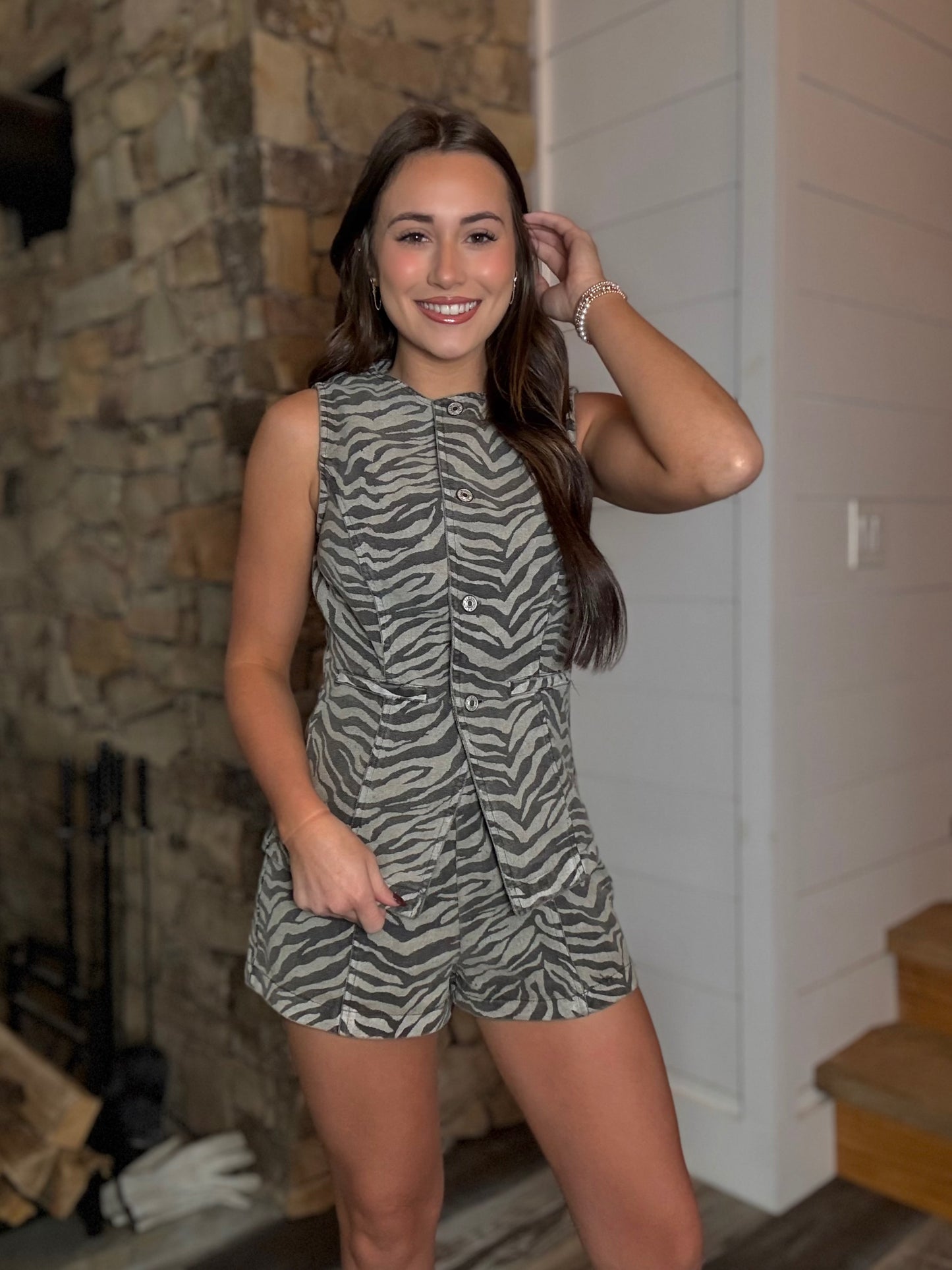 Zebra Denim Vest and Shorts Set