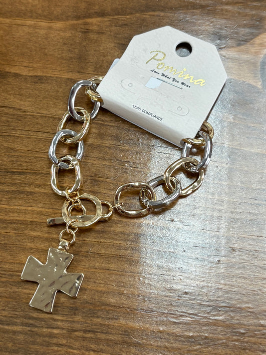 Mixed Metal Chain Cross Bracelet