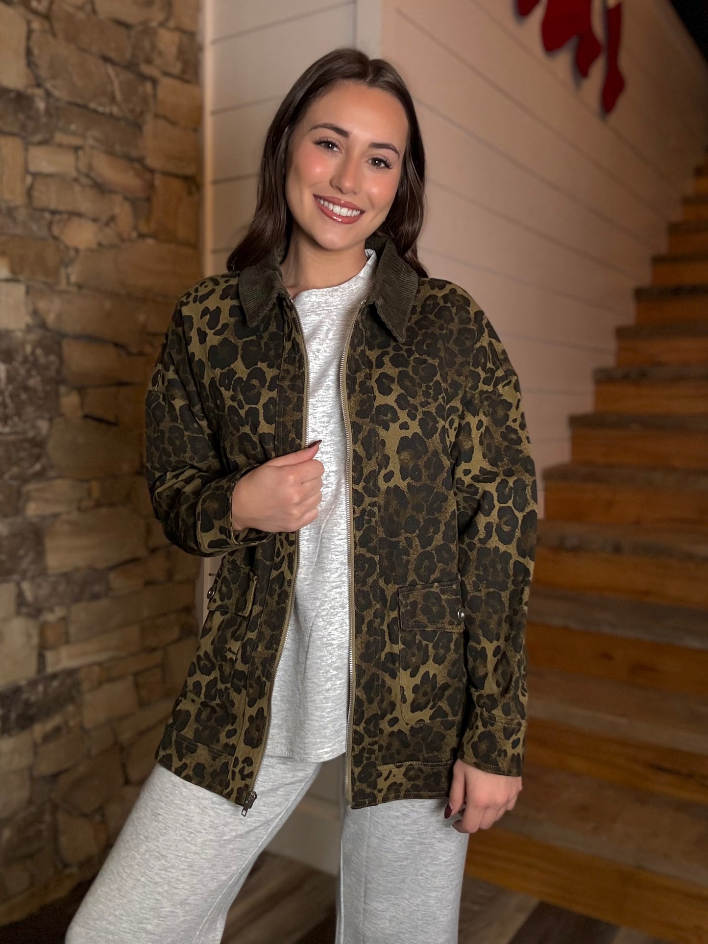 Oversized Leopard Printed Jacket (Olive)